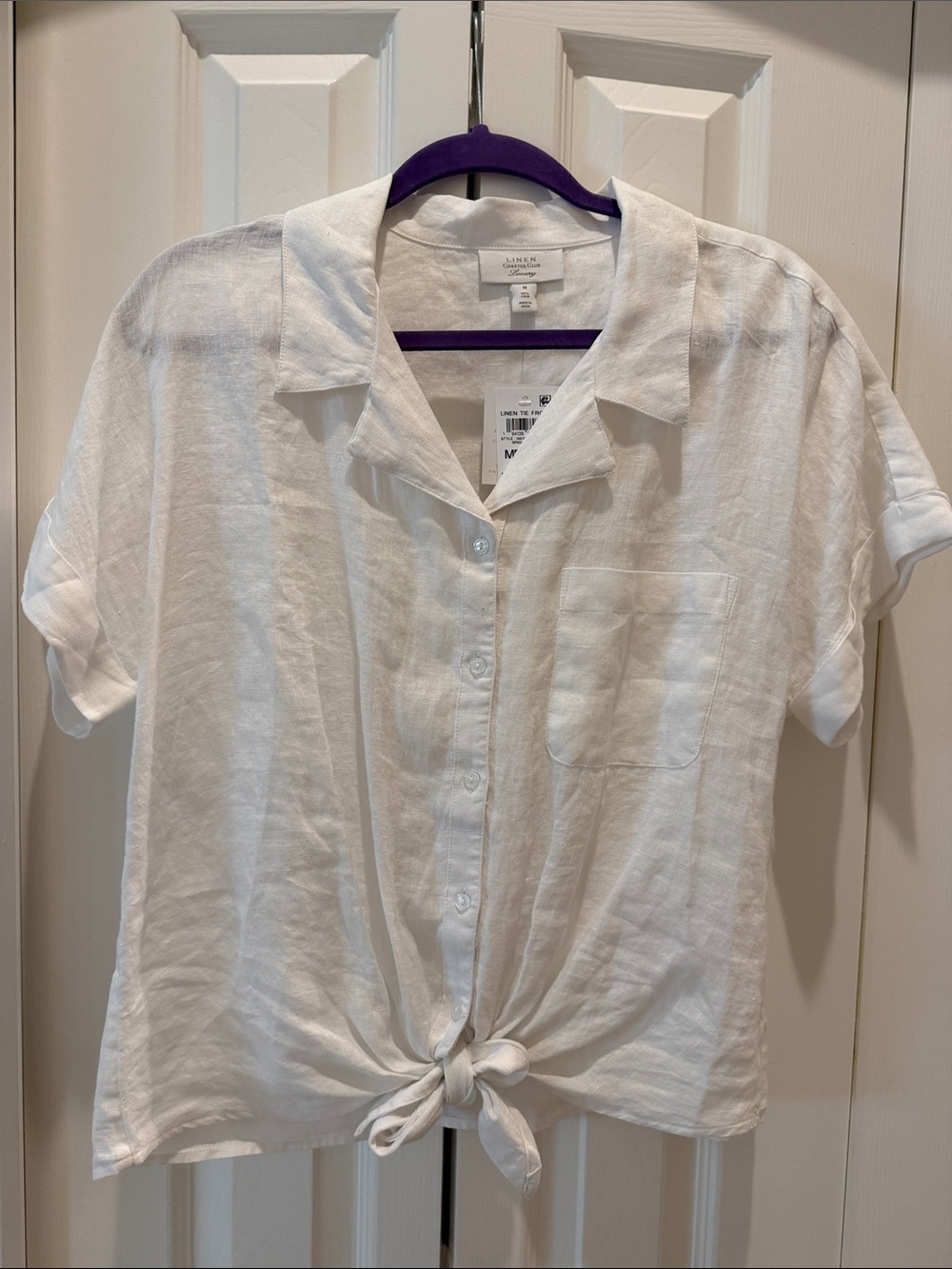 Charter Club White Linen-Blend Tie-Front Button Down Shirt